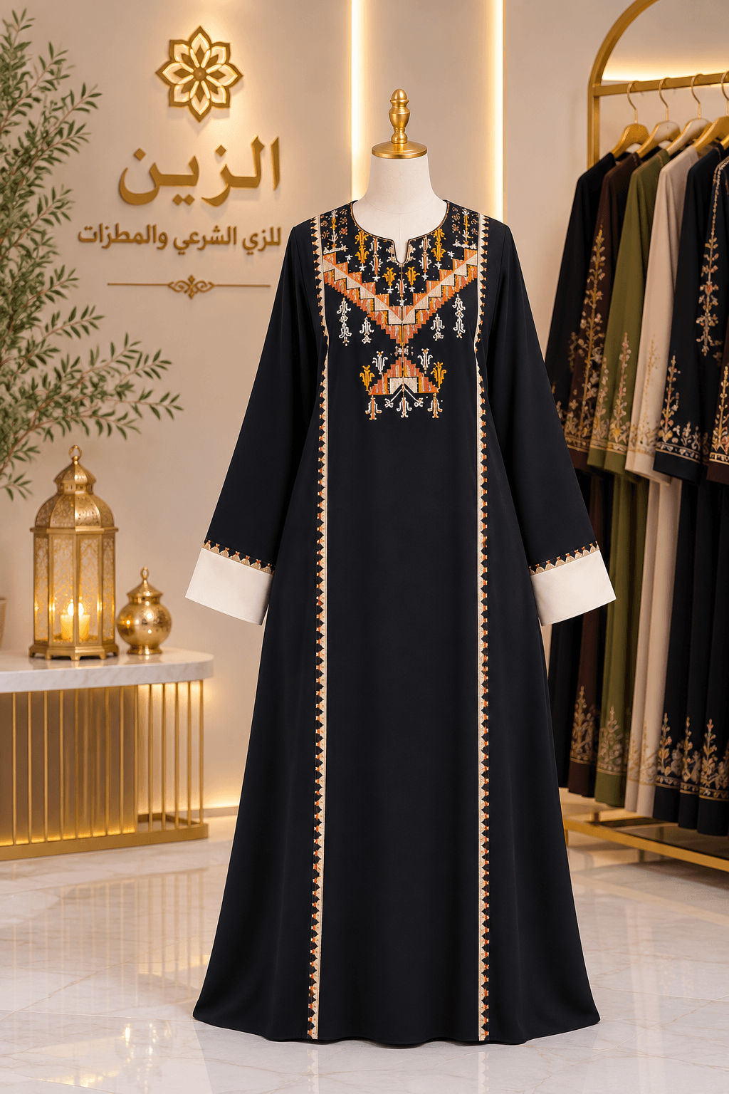 Black Palestinian Embroidered Thobe with Ivory Cuffs — Images of 1