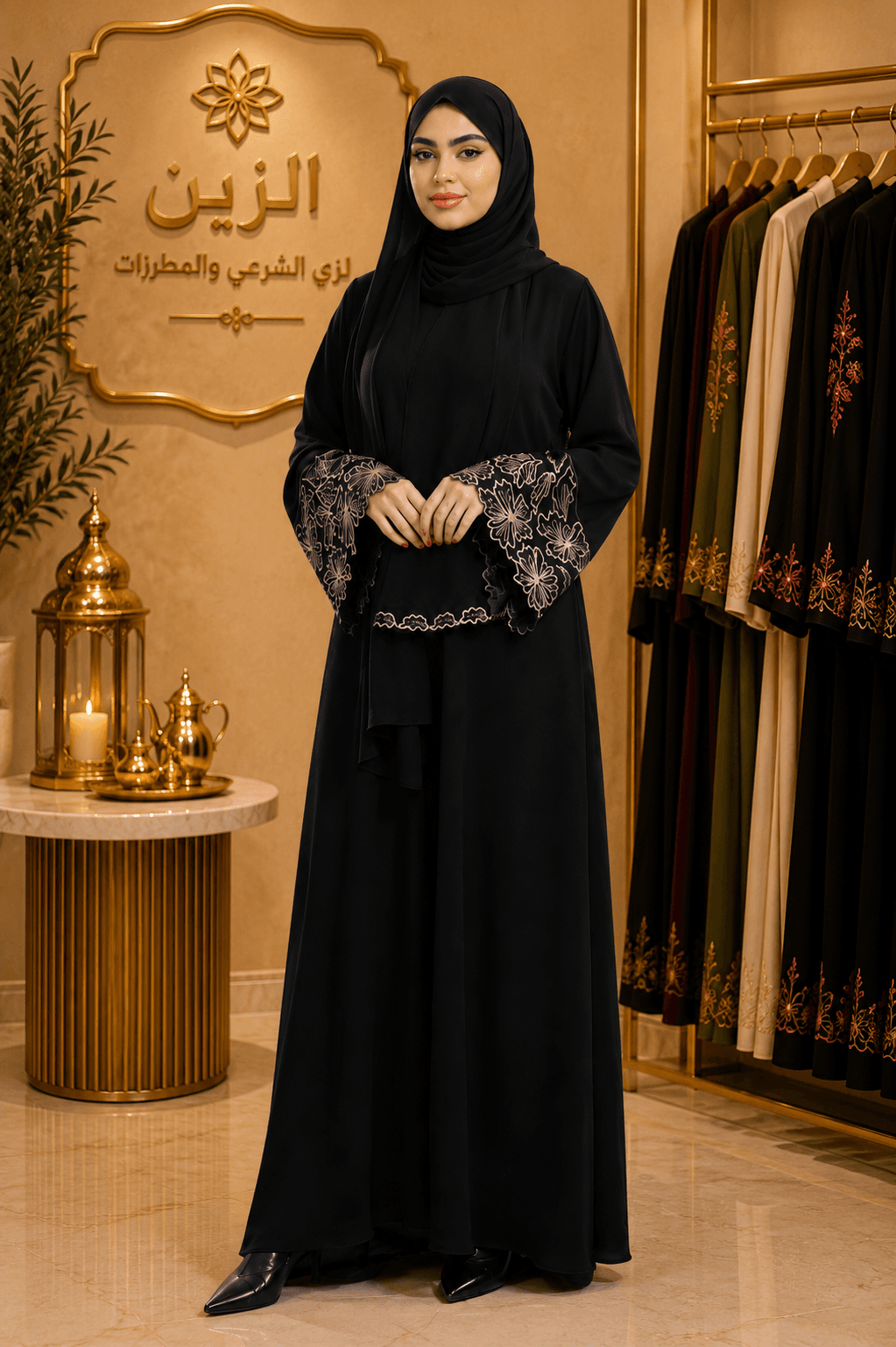 Black Modest Abaya with Floral Sleeve Embroidery — Images of 1
