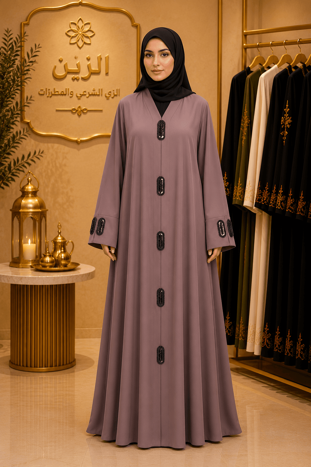 Mauve Buttoned Modest Abaya with Black Details — Images of 1