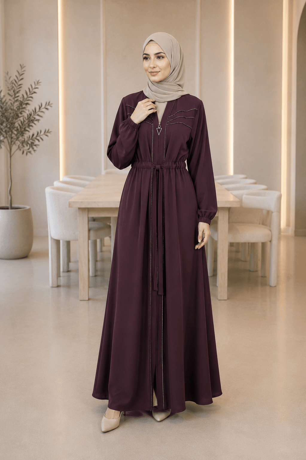 Burgundy Modest Abaya with Waist Tie