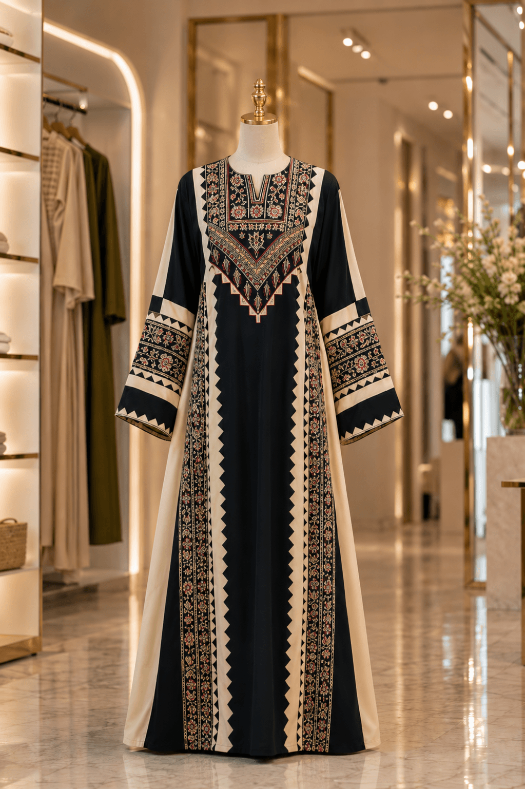 Navy and Ivory Palestinian Embroidered Thobe — Images of 3