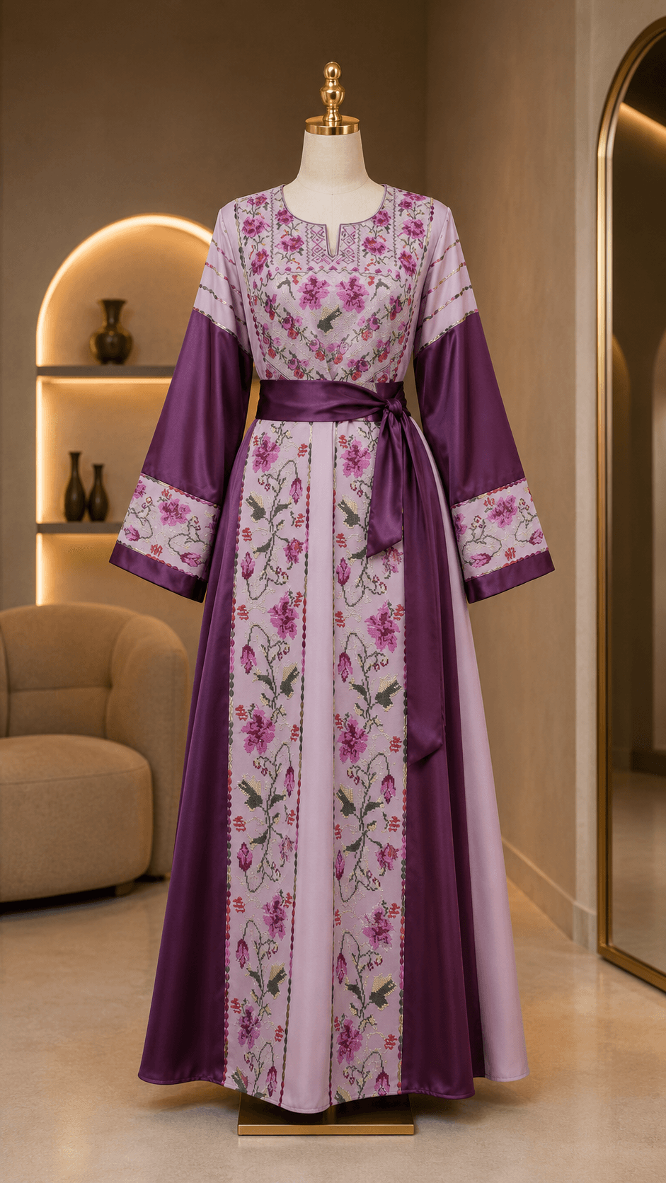 Purple Palestinian Embroidered Thobe with Waist Belt