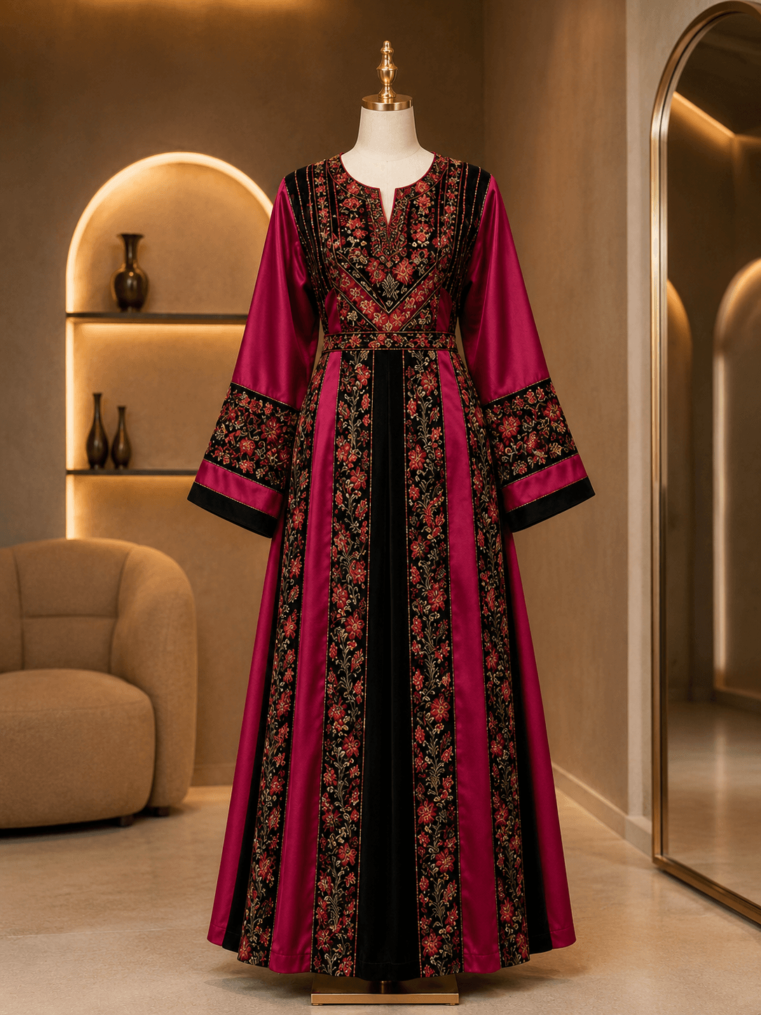 Fuchsia and Black Embroidered Kaftan Dress — Images of 1